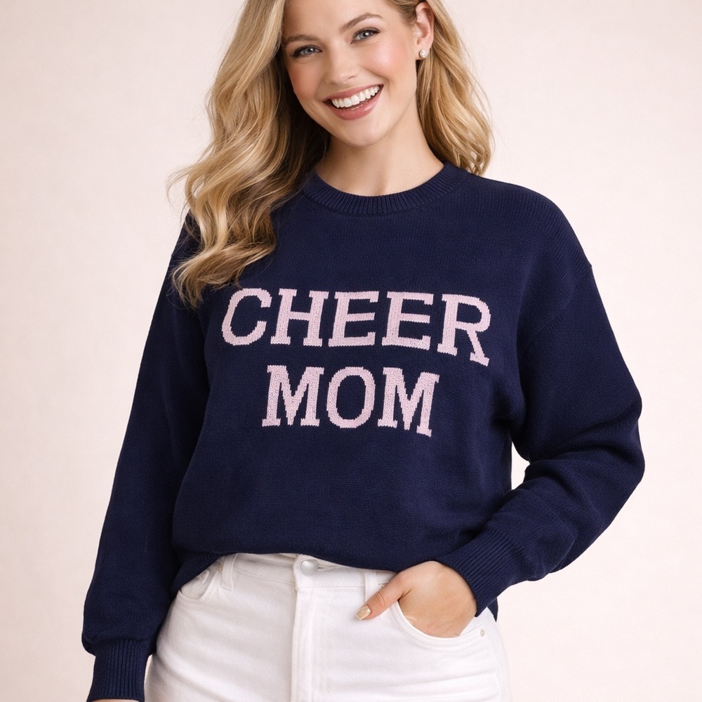 Dee Elly Navy "CHEER MOM" Crewneck Sweater with Pink Lettering Size S